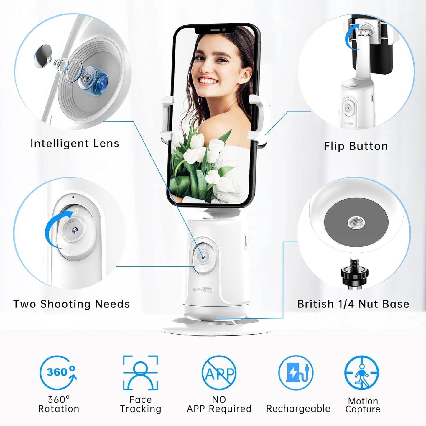 Auto Face Tracking Phone Holder Tripod, No App Required, 360° Rotation Smart Face Body Tracking Tripod Selfie Phone Camera Stand for TIK Tok, Vlog, Live Streaming, Youtube Video
