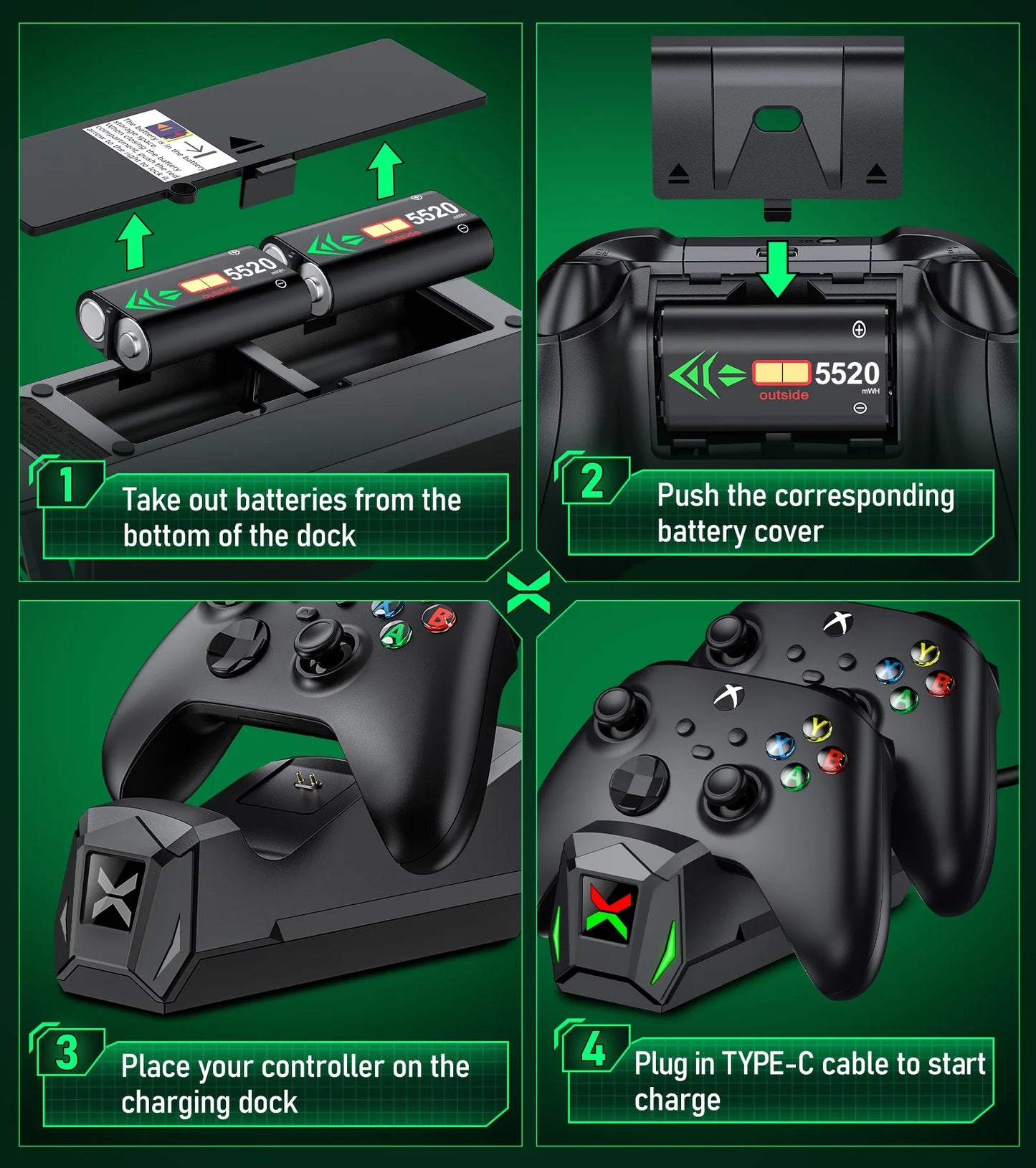 Xbox Controller Charger Station for Xbox Series X Controller, 2 X 2550Mah Rechargeable Battery Pack for Xbox Series S/Xbox One X/One S/Xbox Elite Controller(Not Include Controller)