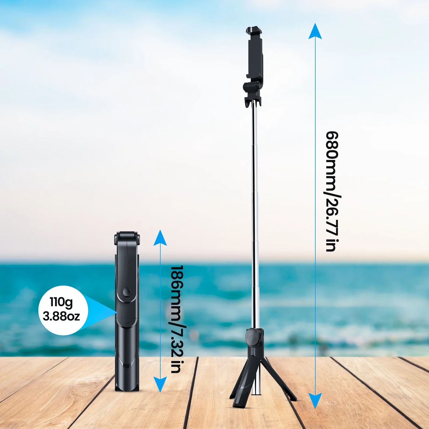 Selfie Stick Tripod, Extendable Bluetooth Selfie Stick with with Wireless Remote Shutter Compatible, Tripod for Iphone and Android Phone Tripod, Black