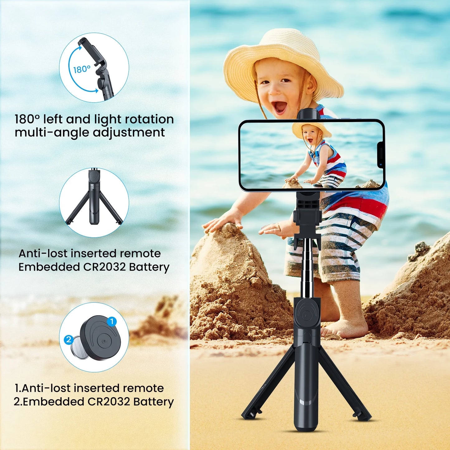 Selfie Stick Tripod, Extendable Bluetooth Selfie Stick with with Wireless Remote Shutter Compatible, Tripod for Iphone and Android Phone Tripod, Black