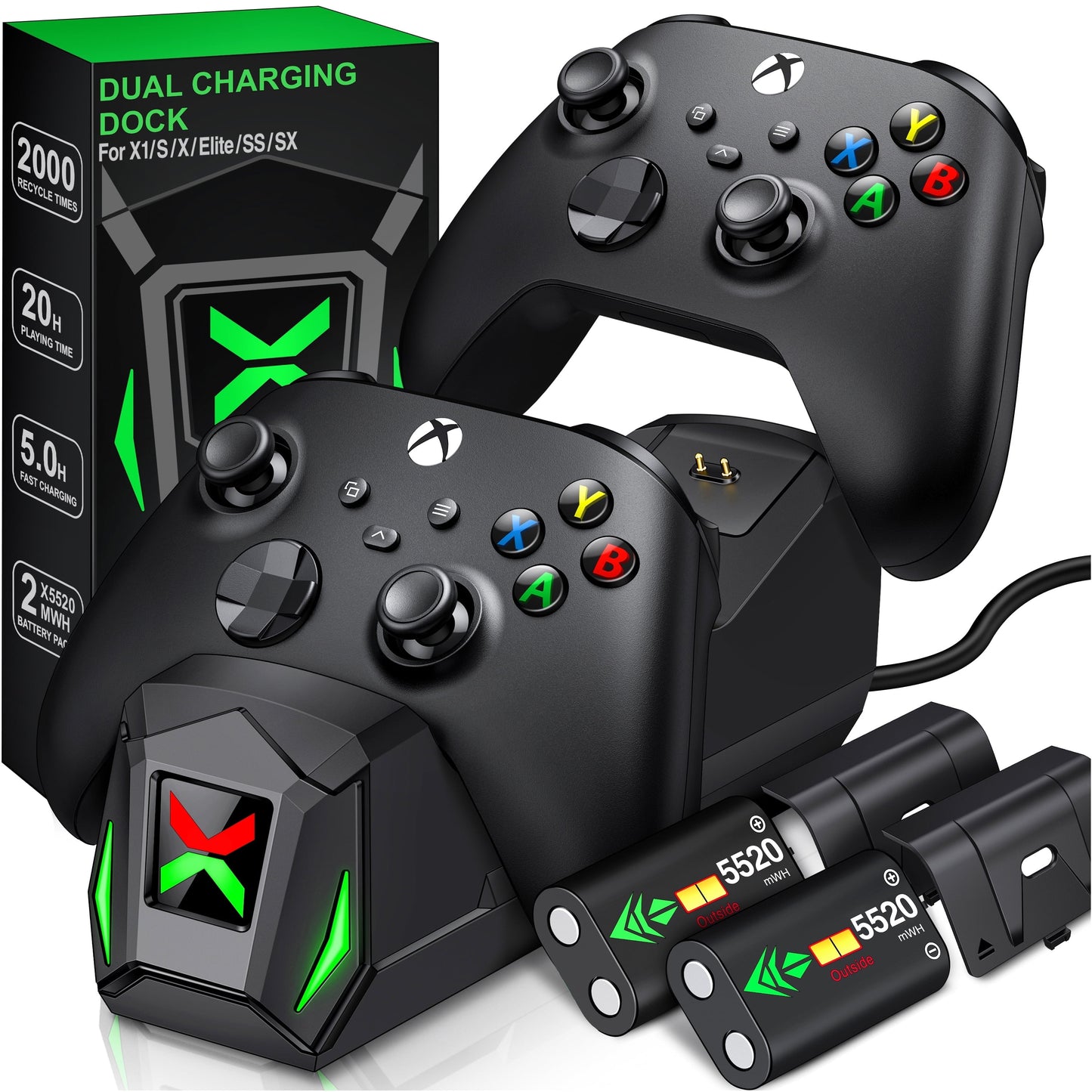 Xbox Controller Charger Station for Xbox Series X Controller, 2 X 2550Mah Rechargeable Battery Pack for Xbox Series S/Xbox One X/One S/Xbox Elite Controller(Not Include Controller)