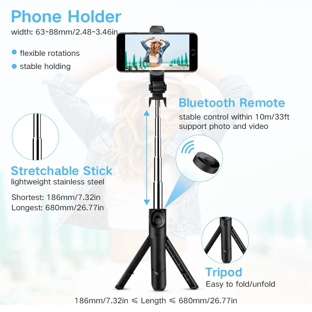 Selfie Stick Tripod, Extendable Bluetooth Selfie Stick with with Wireless Remote Shutter Compatible, Tripod for Iphone and Android Phone Tripod, Black
