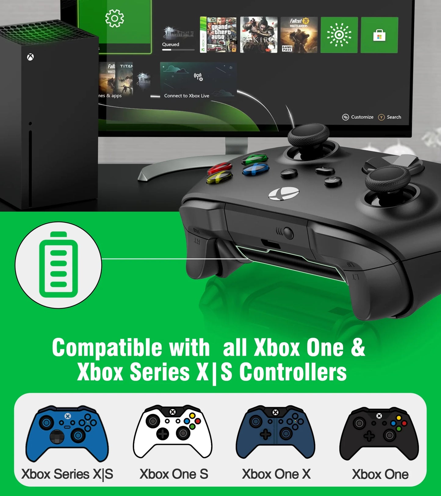 Xbox Controller Battery Pack and Charger,4 X 1200 Mah(2800Mwh) Xbox Rechargeable Battery Packs for Xbox Series X|S/Xbox One/Elite X/S Controller, Xbox Accessories