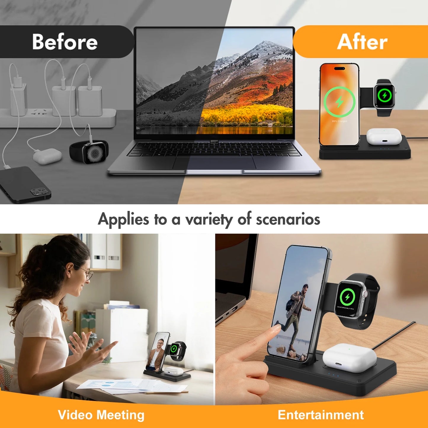 3 in 1 Wireless Charging Station, Foldable and Portable Phone Fast Multi Charger Stand for Iphone 15 14 13 12 11 Pro Max XS XR X 8 plus Iwatch Series and Airpods 3 2 Pro