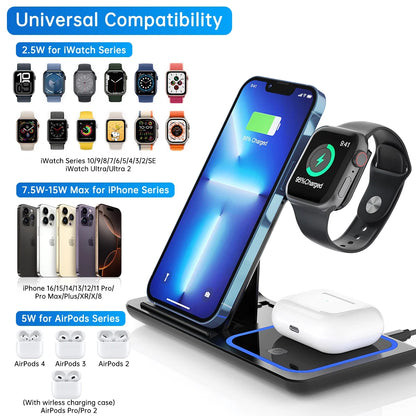2024 Upgraded Wireless Charging Station, 18W 3 in 1 Charger Station, Fast Charging Dock Stand for Iwatch Series 10/9/8/7/6/SE/5/4/3/2, Compatible with Iphone 16 15 14 13 12 11 Pro/Xs/Samsung & Airpod