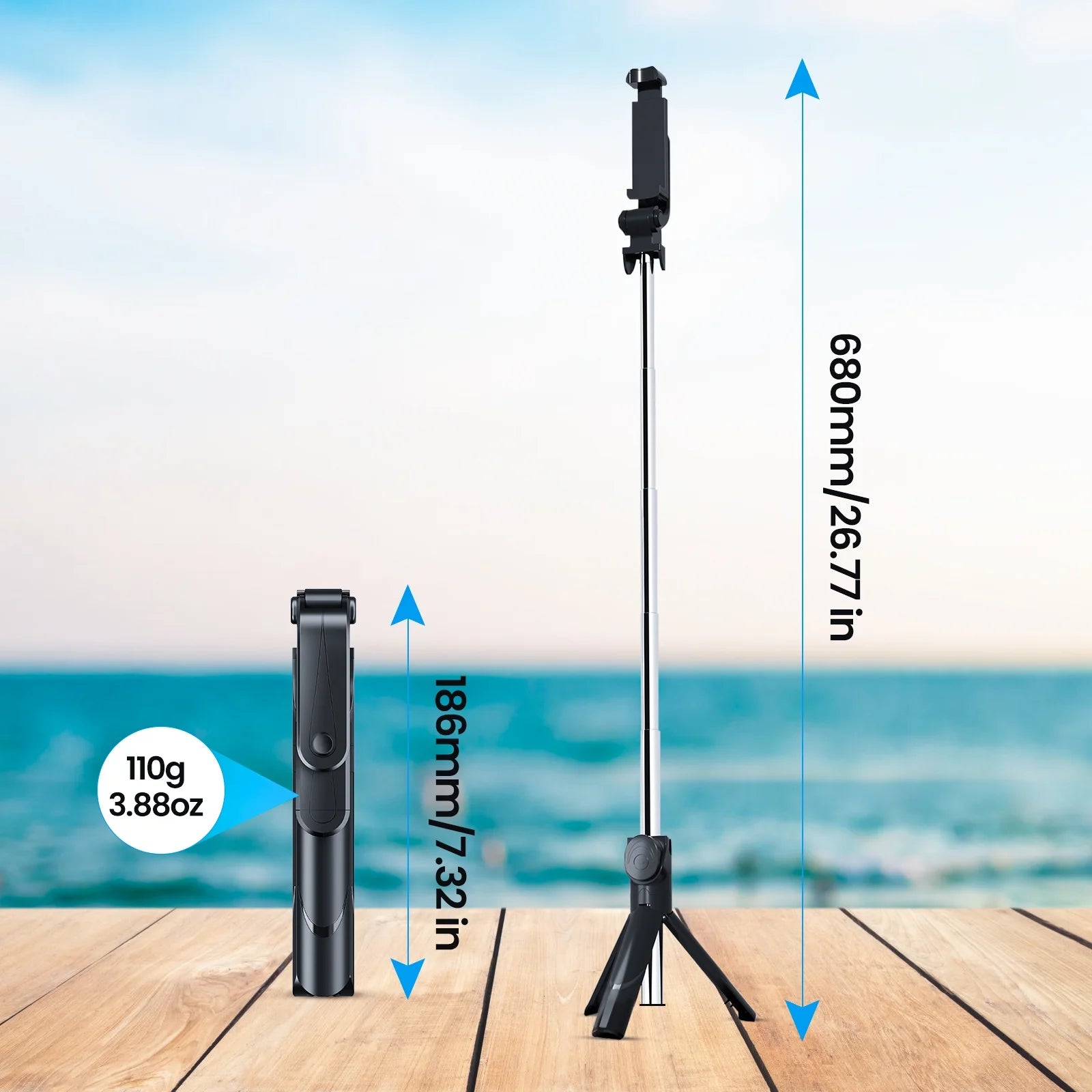 Selfie Stick Tripod, Extendable Bluetooth Selfie Stick with with Wireless Remote Shutter Compatible, Tripod for Iphone and Android Phone Tripod, Black