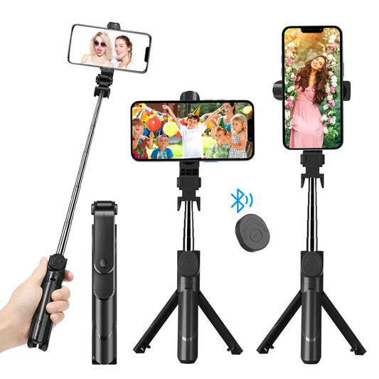 Selfie Stick Tripod, Extendable Bluetooth Selfie Stick with with Wireless Remote Shutter Compatible, Tripod for Iphone and Android Phone Tripod, Black