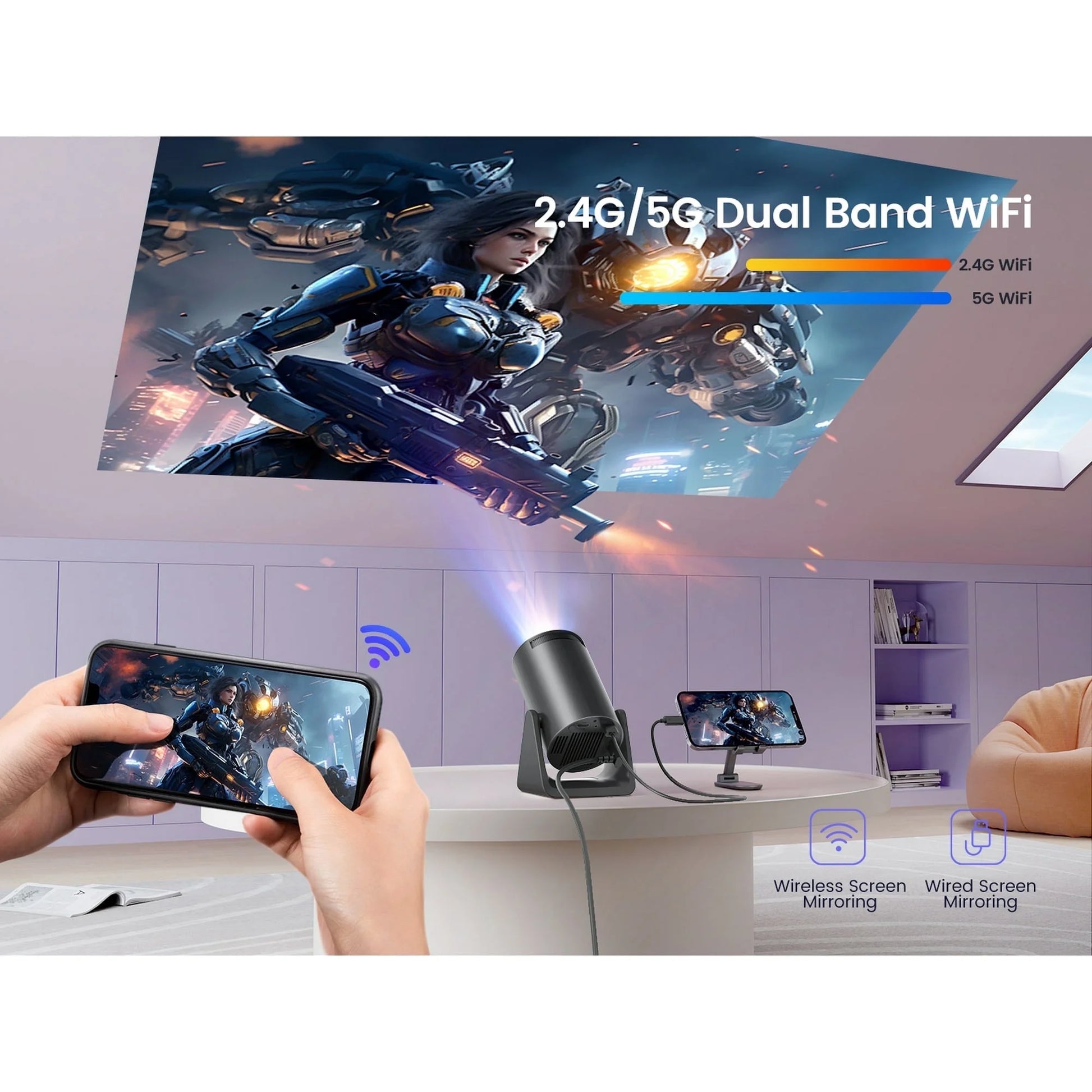 [270° Rotatable & Auto Keystone]  Mini Projector with Wifi6 and Bluetooth, 1080P FHD Support 4K, 300 ANSI Outdoor Portable Projector, Built-In Apps