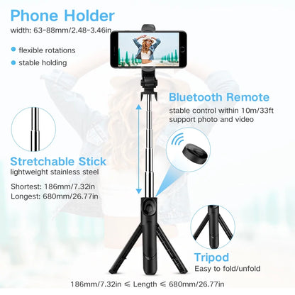 Selfie Stick Tripod, Extendable Bluetooth Selfie Stick with with Wireless Remote Shutter Compatible, Tripod for Iphone and Android Phone Tripod, Black