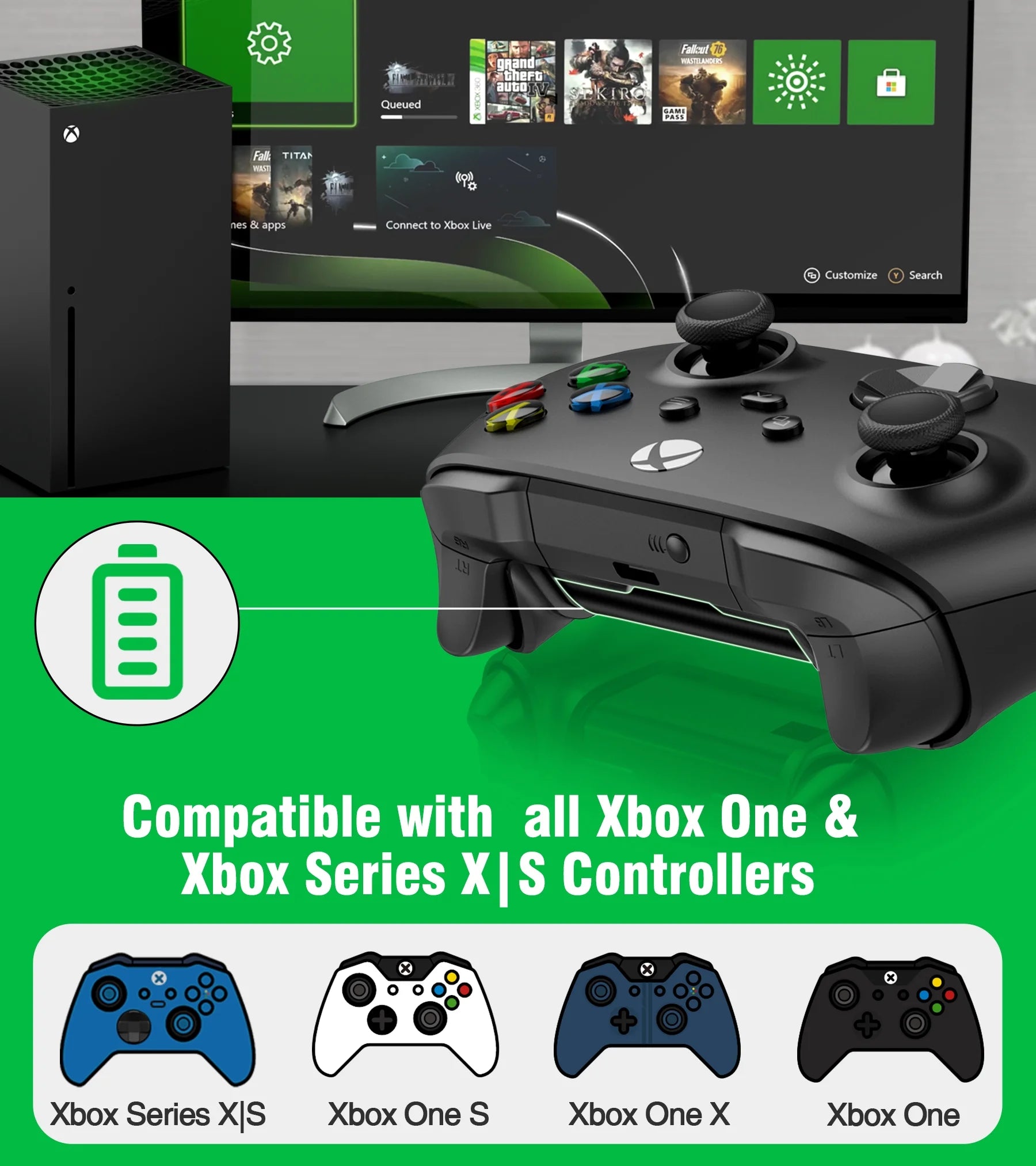 Xbox Controller Battery Pack and Charger,4 X 1200 Mah(2800Mwh) Xbox Rechargeable Battery Packs for Xbox Series X|S/Xbox One/Elite X/S Controller, Xbox Accessories
