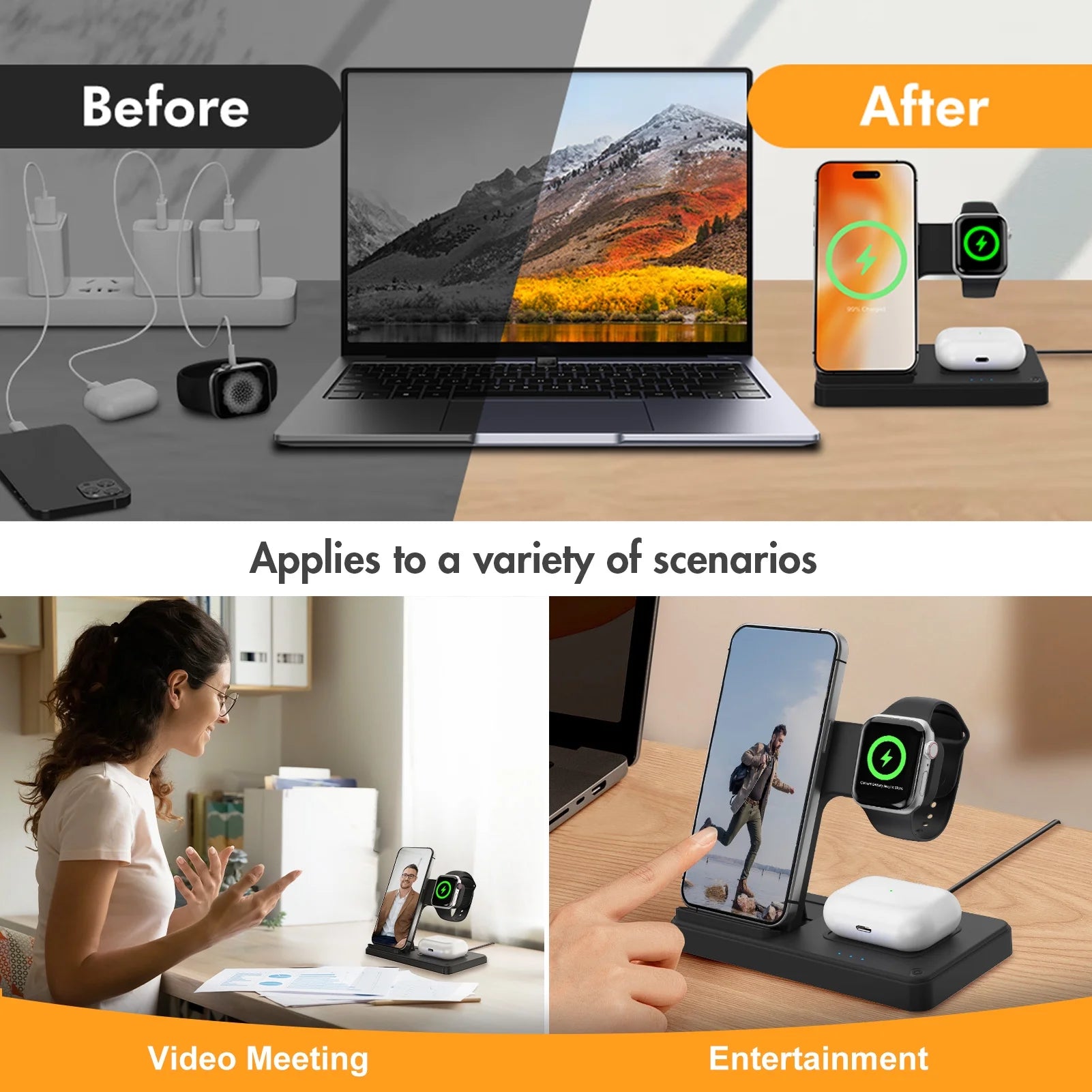 3 in 1 Wireless Charging Station, Foldable and Portable Phone Fast Multi Charger Stand for Iphone 15 14 13 12 11 Pro Max XS XR X 8 plus Iwatch Series and Airpods 3 2 Pro