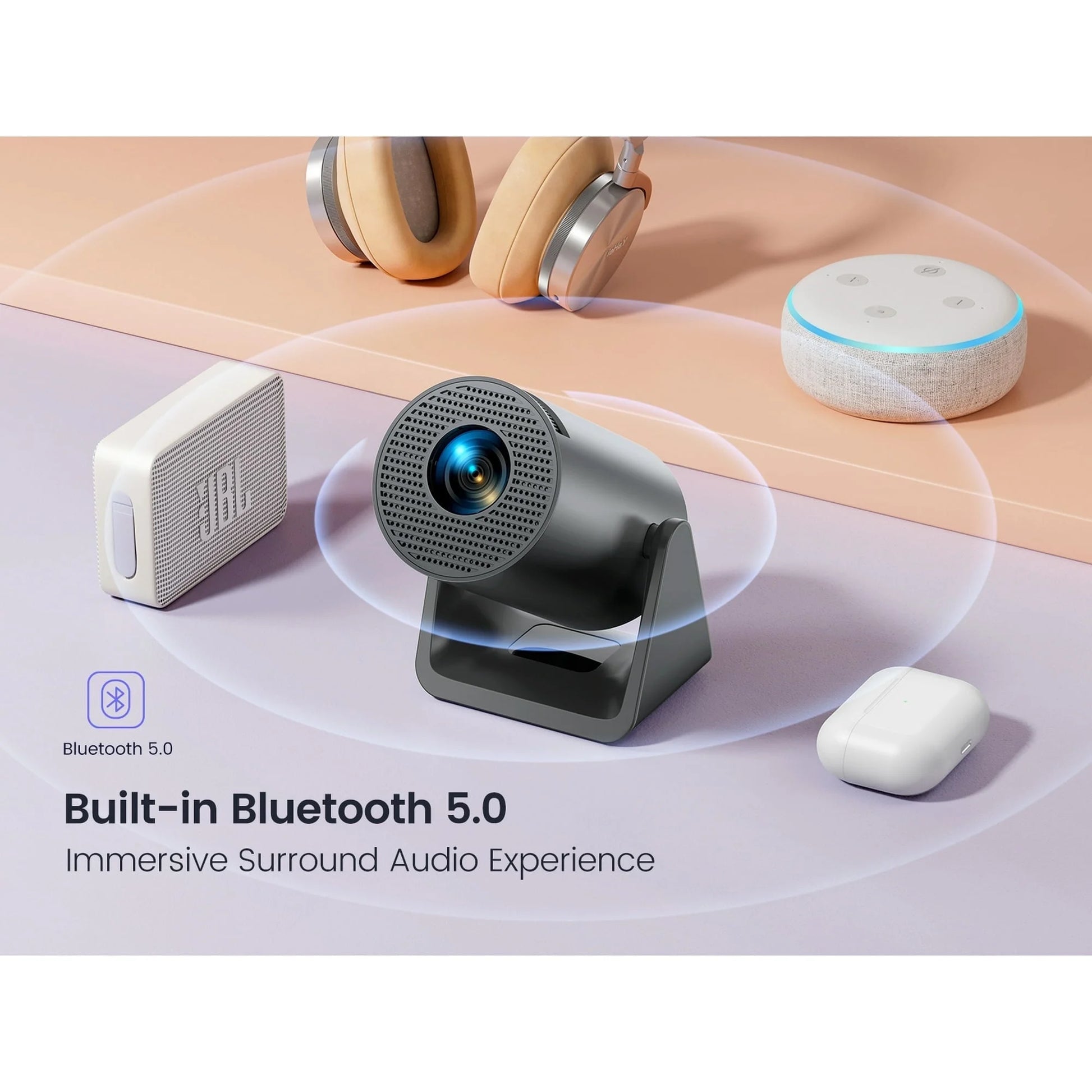 [270° Rotatable & Auto Keystone]  Mini Projector with Wifi6 and Bluetooth, 1080P FHD Support 4K, 300 ANSI Outdoor Portable Projector, Built-In Apps