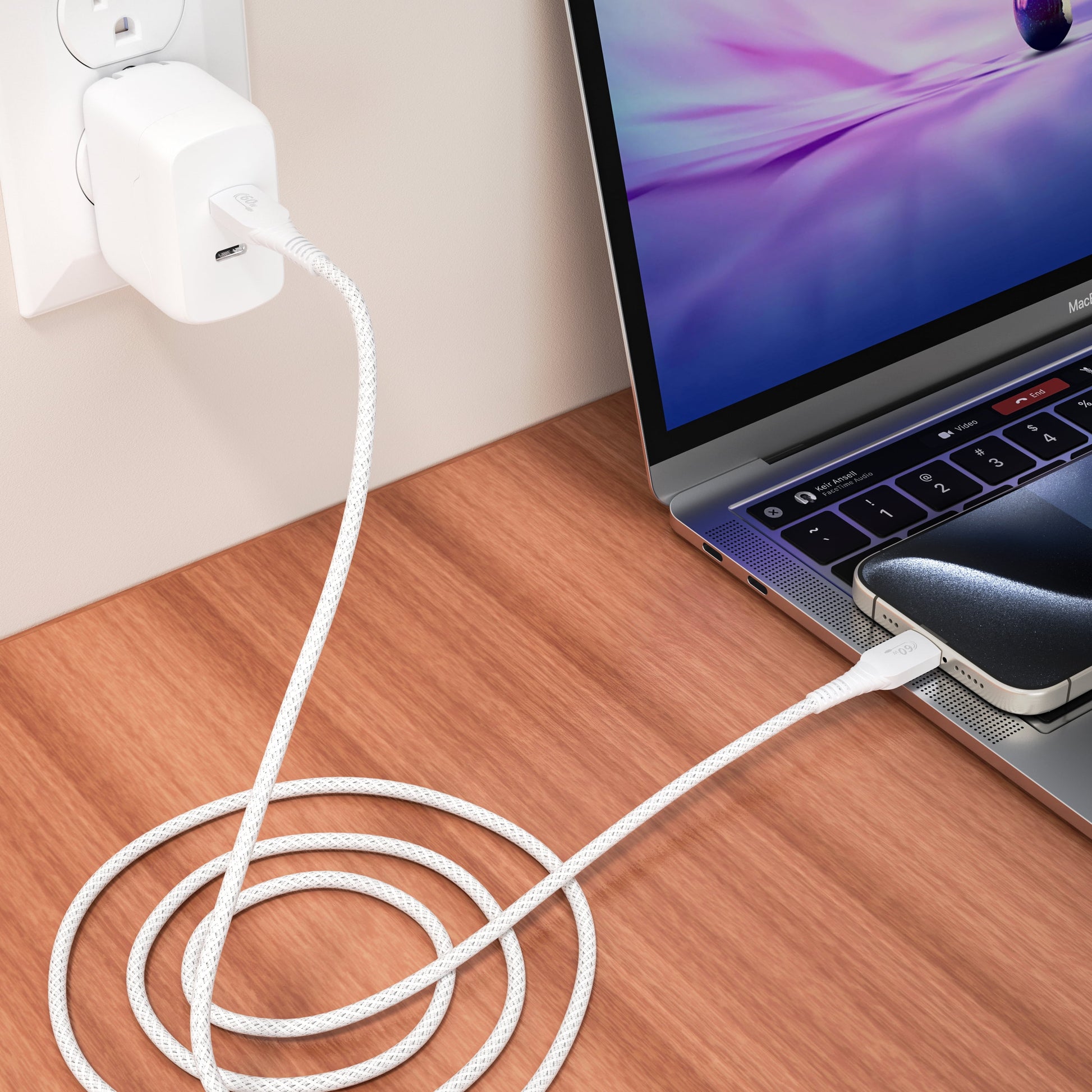 USB2.0 Type C to C Fast Charging Cable for Iphone 15, Samsung Galaxy, White, Single Pack